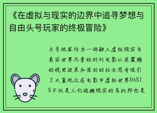 《在虚拟与现实的边界中追寻梦想与自由头号玩家的终极冒险》